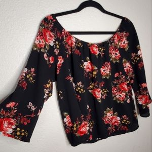 EUC Tovia Flowy Long Sleeve Black Red Floral Top (Size:L)